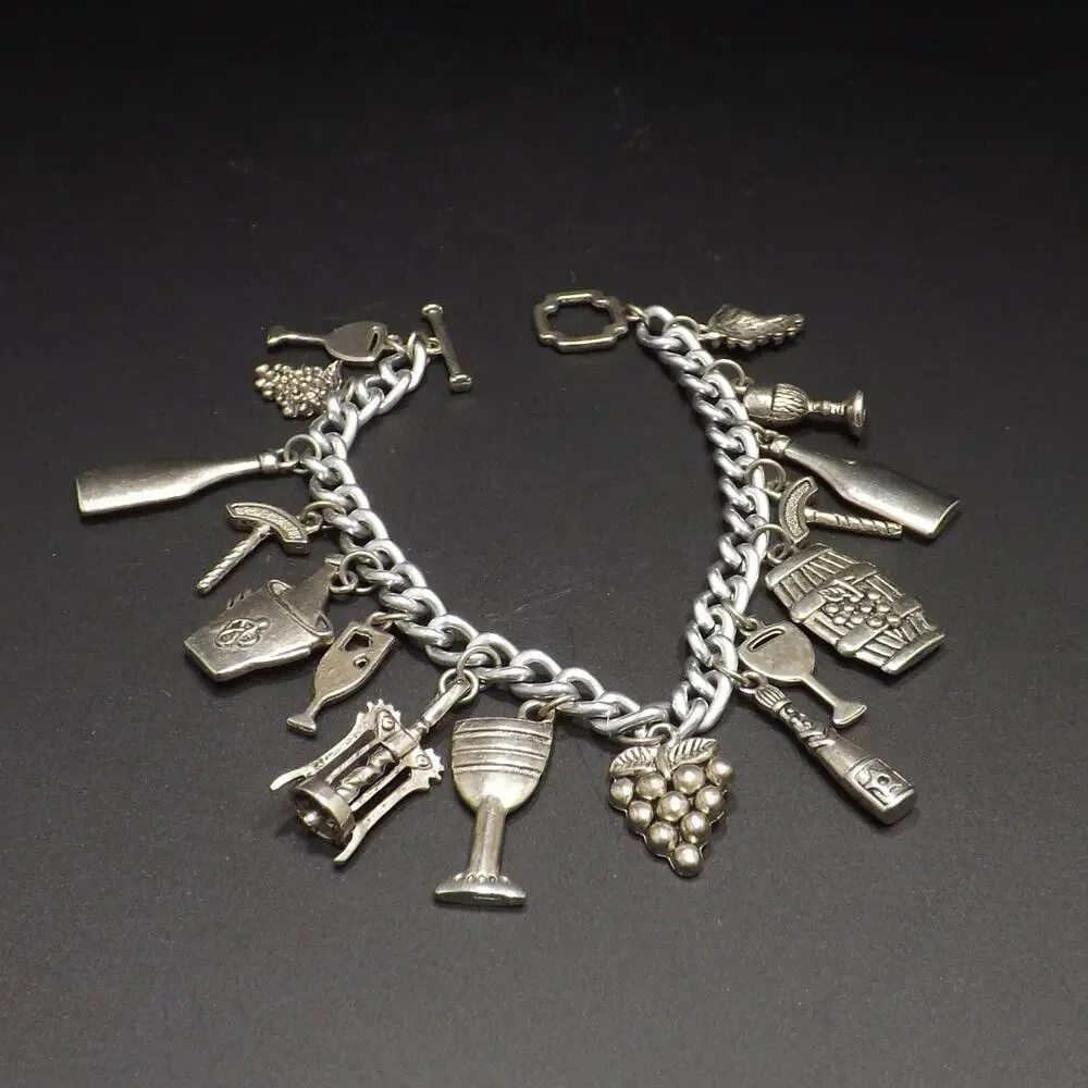 Vintage Wine Lovers Charm Bracelet, Sixteen Wine Related Charms